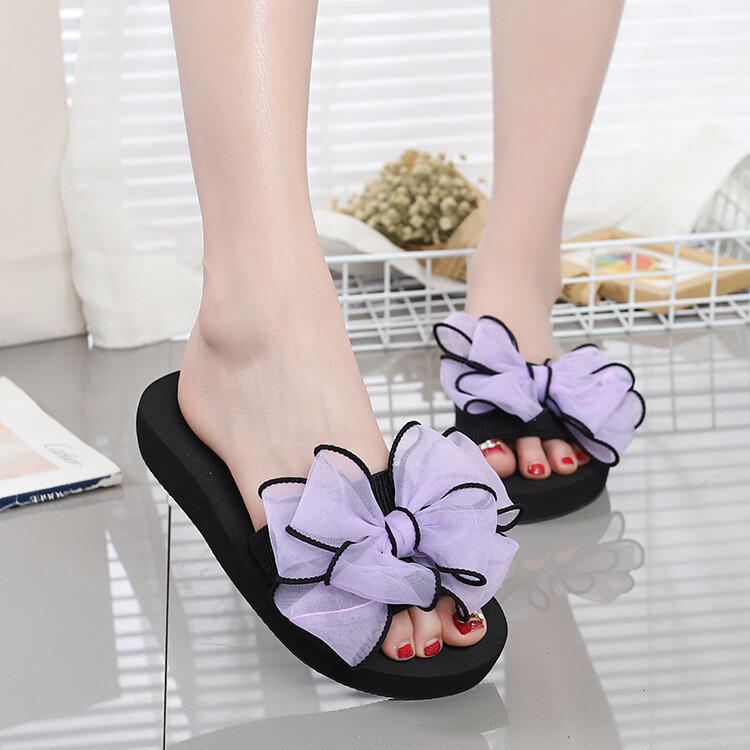 Summer Slippers Women Flip Flops Platform Solid Color Bow Flat