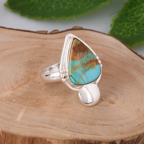 Gemstone Handmade Solitaire Kingman Turquoise 925 Silver Chunky Engagement Ring - Picture 4 of 8