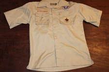 Boy Scouts of America BSA Youth Shirt Large Tan Short Sleeve Glued Patches