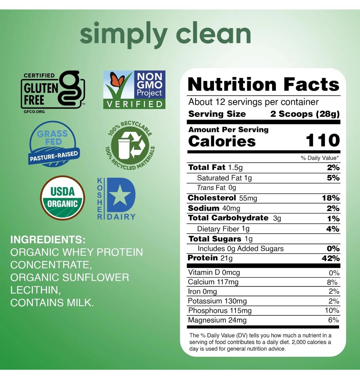 Simply Tera’s Organic Whey Protein 12 oz Plain Unsweetened – Grass-Fed, Non-GMO