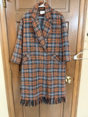 THE KORNER Women's Plaid Fringe Overcoat Orange Gray Black White Size S