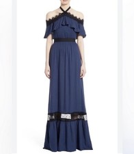 *NEW* Alice + Olivia Off The Shoulder Navy Black Lace Sz 8 Maxi dress Edwardian