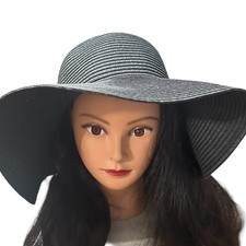 Sun Hat Women L/XL Black Floppy Foldable Wide Brim Woven Paper Straw Resort