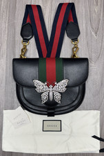 GUCCI Black Leather Crystal Butterfly Expandable Shoulder Bag