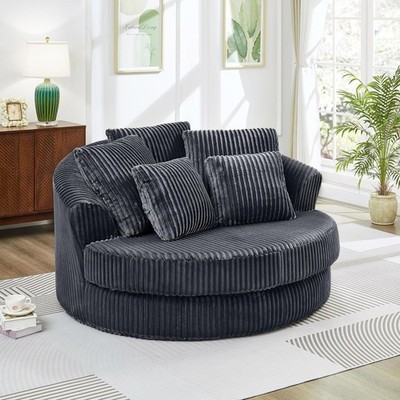 Oversized Round Corduroy Barrel Chair, Chaise Lounge Daybed with 5 Pillows