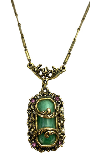 Vintage 1940S Edwardian Revival Baroque Novel Green And Pink Necklace