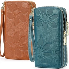 Womens Wallet Large Capacity Double Zip Card Phone Holder RFID Blocking Wristlet