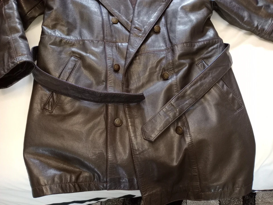 Abrigo estilo chaqueta bolsillos vintage años 70 damas cuero marrón con cinturón talla 8 aturdedor Foto 2 de 4