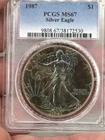 1987 AMERICAN SILVER EAGLE PCGS MS67 MONSTER  RAINBOW TONED "RARE COIN"