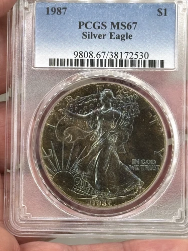 1987 AMERICAN SILVER EAGLE PCGS MS67 MONSTER  RAINBOW TONED "RARE COIN"
