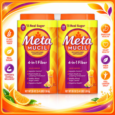 Metamucil 4-in-1 Psyllium Fiber Powder, Real Sugar, Orange, 55 oz, 2 Pack