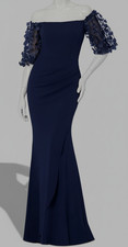 Xscape Women's Blue Floral Appliqué Off-Shoulder Balloon Sleeve Dress Size 10
