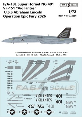 FabScale 1/72 F/A-18E Super Hornet VF-151 Vigilantes Operation Epic Fury Decals