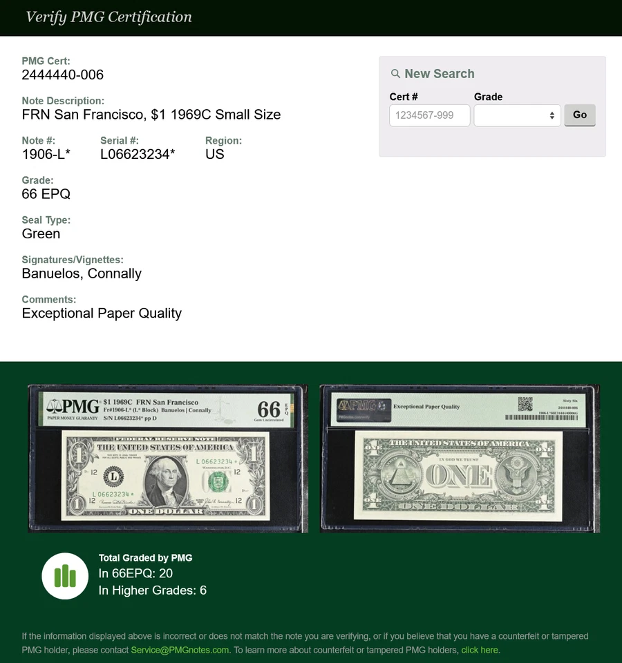 1969C $1 SAN FRANCISCO STAR NOTE PMG 66 EPQ Fr 1906-L* Gem Uncirculated Key Star - Image 3 of 3