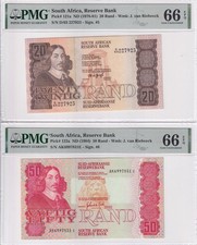 South Africa Set 2; 20 50 RAND ND 1984 P 121 P 122 Gem UNC PMG 66 EPQ