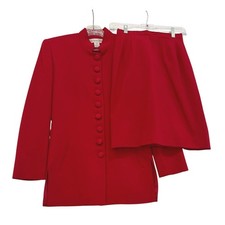 Christian Dior Vintage Red Wool Skirt Suit Mandarin Collar Size 4 USA