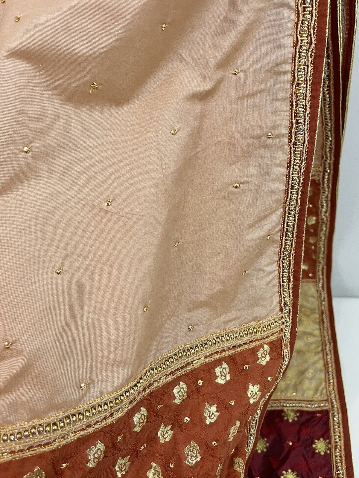 Heavy Dupatta Pure Satin Silk Dark Red Gold Hand Beaded Stole
