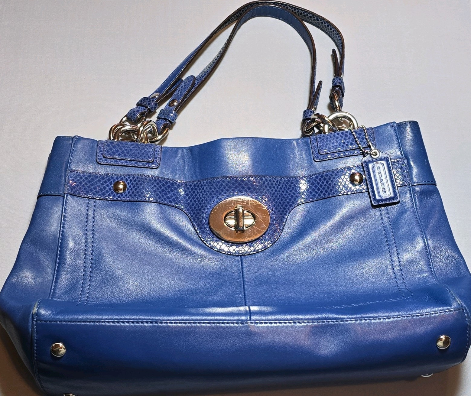 Vintage Coach Blue Large Satchel Top Handle Turn Lock Zip Pockets Charm