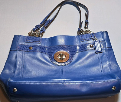 Vintage Coach Blue Large Satchel Top Handle Turn Lock Zip Pockets Charm