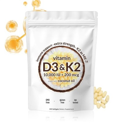 Vitamin D3 10000 IU plus K2 (MK-7) 200 MCG, 300 Jungfrau Kokosnussöl Weichgele