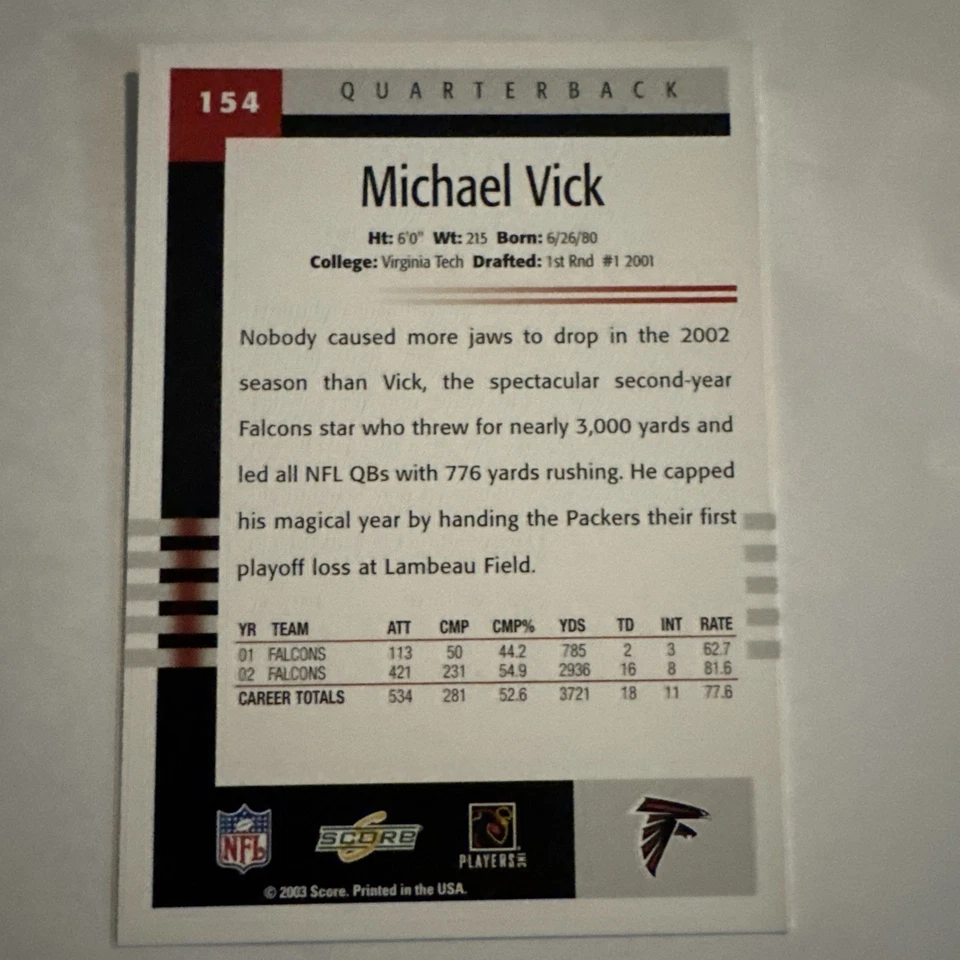 2003 Score - Michael Vick #154, Atlanta Falcons - Image 2 of 3