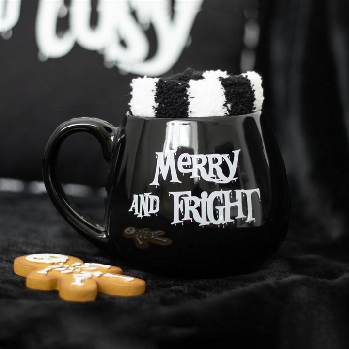 Merry and Fright Halloween Mug and Socks Set. Halloween Novelty Gift Mug.