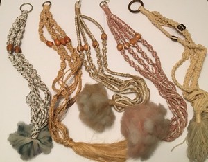 Vintage Macrame Hanging Plant Holder w/Wooden Beads Set of Five 26"-30"