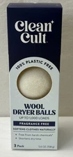 New CleanCult Wool Dryer Balls Reusable Reduces Wrinkles Unscented 3-PACK (SH3)