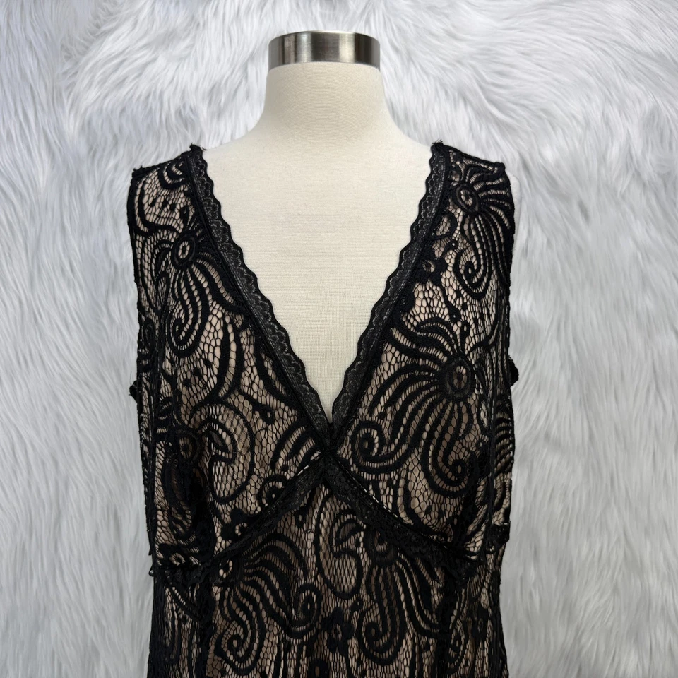 Vestido maxi En Focus Y2K preto sobreposição de renda 14W noite coquetel pergaminho vamp gótico - Imagem 3 de 4