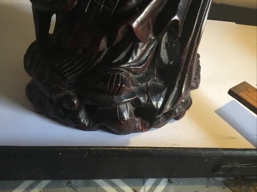 Ancienne statue probablement en palissandre sculptée main du dieu chinois Shou Lao 14" H - Photo 11/13