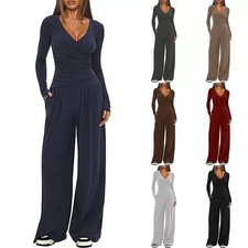 2 Pieces Women's V Neck Long-sleeve Sportswear Top And Wide-leg Pants Set Casual
