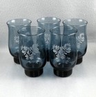 5  Pfaltzgraff Yorktown Pattern Etched 15oz Blue Glass Tumblers Tulip Shape