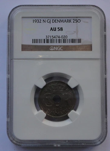 DENMARK  COIN 25 ORE 1932  NGC  AU 58