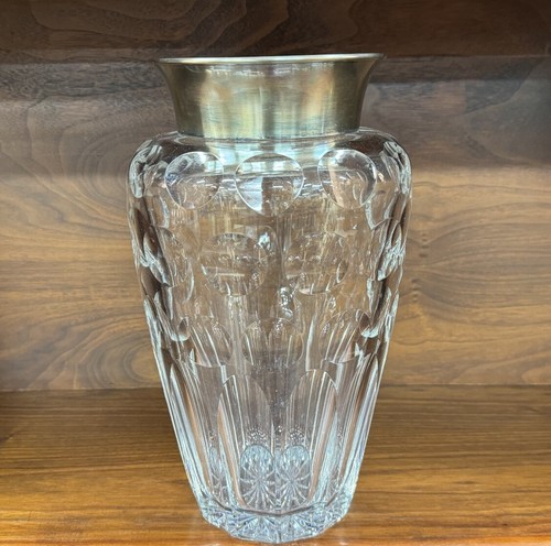 Large Vintage Mid Century Crystal Polka Dot Vase with Sterling Silver Collar