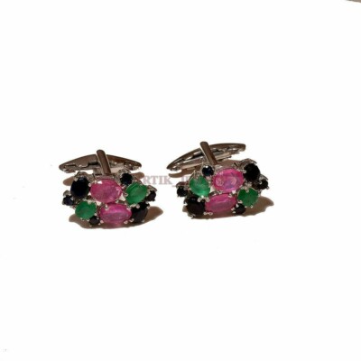 Heated Ruby, Lab Geown Emerald & Heated Sapphire 925 Silber Manschettenknöpfe #2