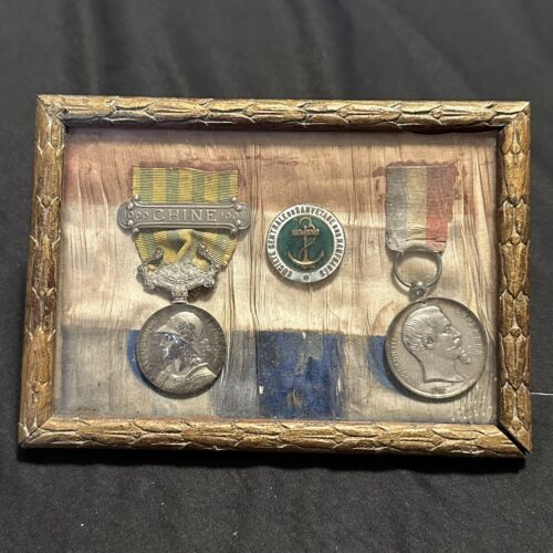 Original French Framed Medals China 1901 Boxer War Life Saving Sterling  - Picture 1 of 4