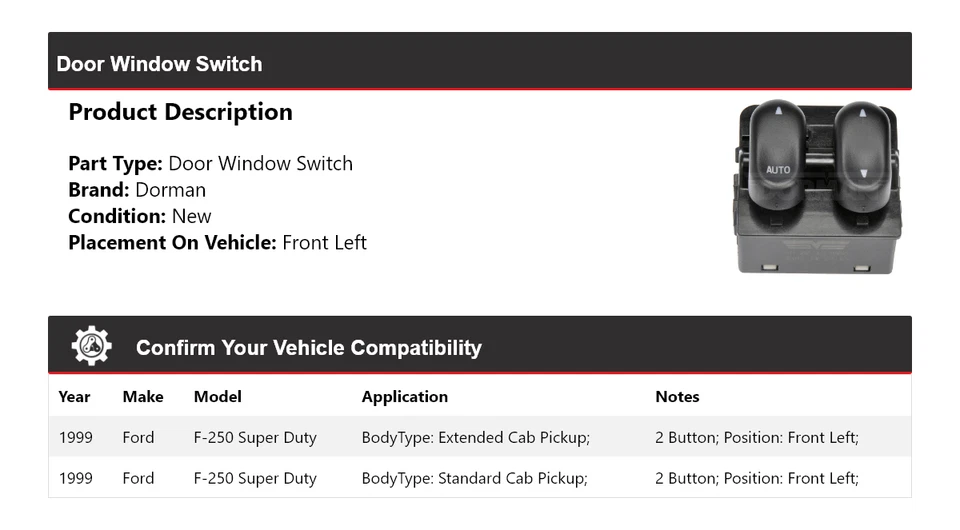 Interruptor de ventana de puerta delantero izquierdo Ford F-250 Super Duty 1999 Dorman Foto 2 de 4