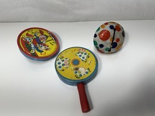 3 Vintage Tin Clown Noisemakers wooden handle