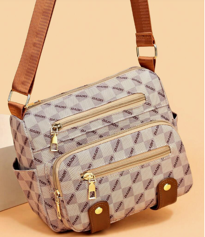 Plaid Studded Faux Leather Crossbody Bag with Multi Pockets for Women-image