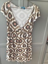 Fresh Produce Faux Wrap V Neck Surplice Short Sleeve Dress Size L Brown Floral