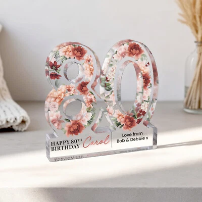 FROM WILLOW Personalised Happy 80th Birthday Gift Plaque, 80th Floral Birthday Gift For Her