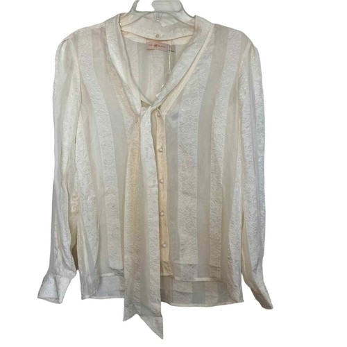 Tory Burch New Ivory Floral Chiffon Bow Blouse Size 4 NWT - Picture 2 of 11