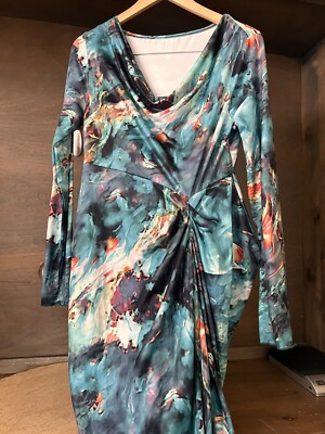 SHEIN SXY NEW BLUE ABSTRACT DRESS SIZE LARGE NWT POLY AND ELASTINE LONG SL DRAPE
