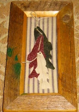 FOLK ART Fabric FISH on PILLOW TICKING Background ANTIQUE WOOD FRAME 6" x 10" 