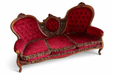 Antique Victorian Rococo Revival Sofa – Hand-Carved Wood & Burgundy Velvet