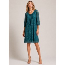 Garnet Hill Teal Blue Leaf Lace Tie Neck Shift Dress 3/4 Sleeve Size 10