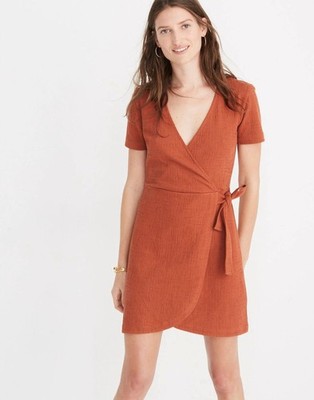Madewell Dress Texture & Thread Short Sleeve V-Neck Side Tie Wrap Orange Small