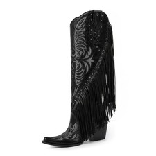 QIY Black Cowboy Boots for Women Wide Calf Fringe Cowgirl Embroidered...