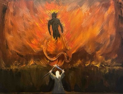 Gandalf Vs Balrog. Tolkien inspiriertes Ölgemälde auf gespannter Leinwand.