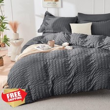 HYMOKEGE Queen Comforter Set 7pc Seersucker Dark Grey Bedding